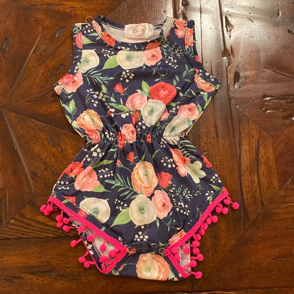 Boutique Floral Cinch Waist Floral Navy Baby Girls Bubble Romper w/ Pompom Trim